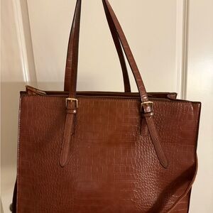 Elegant Brown Faux Crocodile-Embossed Tote Bag
